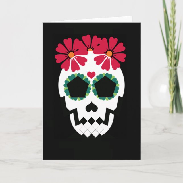 Le crâne avec le rouge fleurit la carte de voeux (Devant)