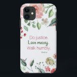 Le juge Floral Micah 6:8 Coque-Mate coque iphone<br><div class="desc">Un rose doux et crème motif d'aquarelle fleurie avec le verset Micah 6:8 Faites justice. Aimez la miséricorde. Marche humblement.</div>