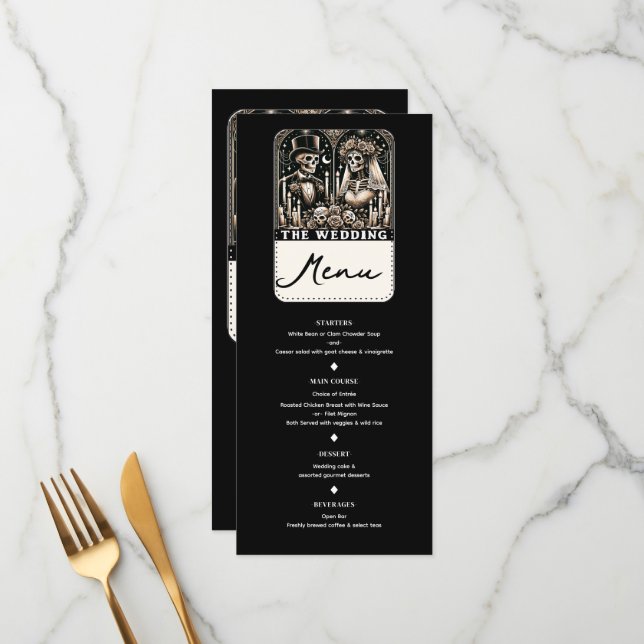 LE MARIAGE Tarot Squelettes Mariée & Mari Menu (Devant/Arrière en situation)