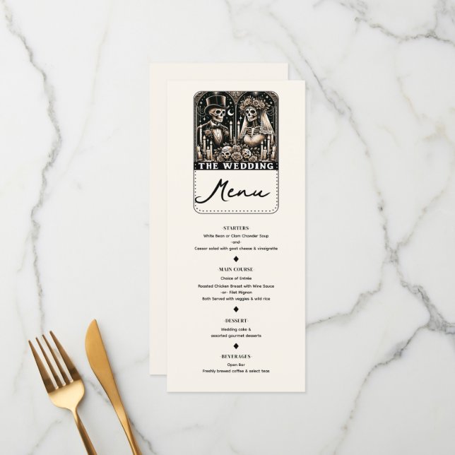 LE MARIAGE Tarot Squelettes Mariée & Marié Menu (Devant/Arrière en situation)