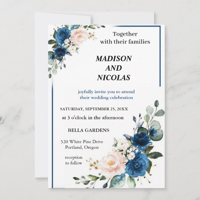 le meilleur joli bleu fleurs faire-part de mariage (Devant)