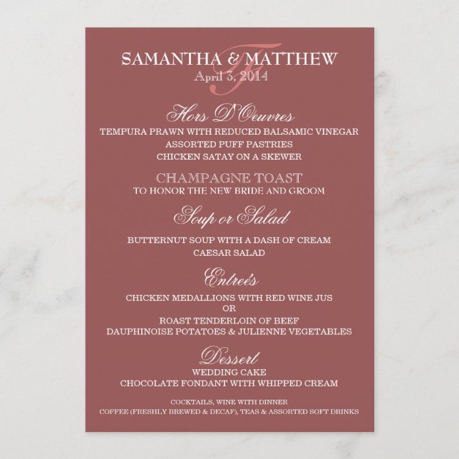 Le modèle de menu de mariage PERSONNALISENT (Devant)