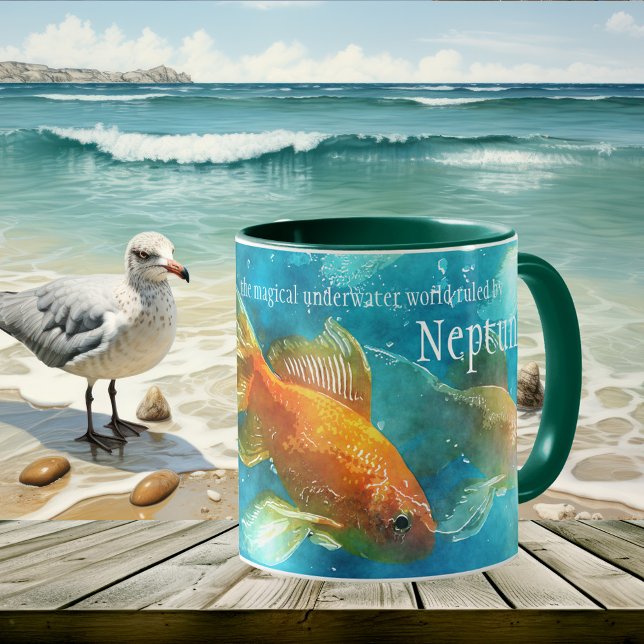 Le Neptune sous-marin Pisce Fish Mug (Artistic mug featuring an underwater scene with colorful fish. For fishermen or Pisces star sign )