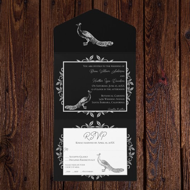 Le paon noir fleurit tout en une invitation (Black Peacock Flourish All in One Invitation)