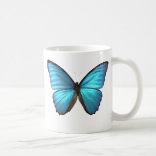 Le papillon bleu de Morpho s'envole la tasse