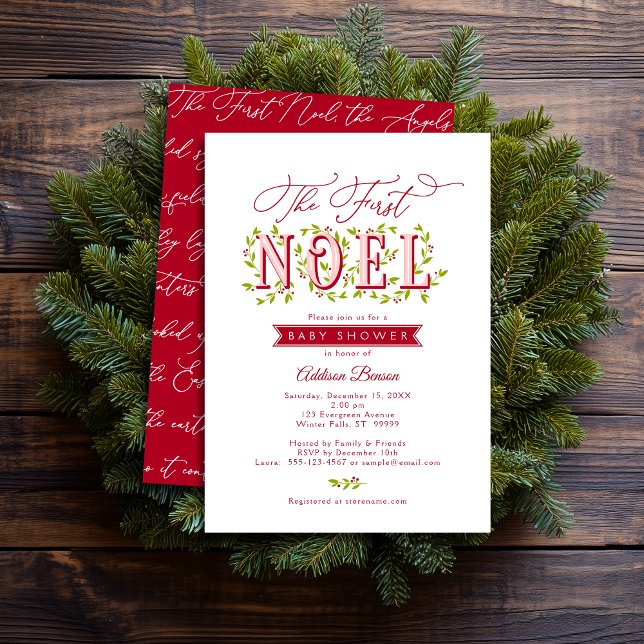 Le premier Noël Baby shower Invitation (Shown on a 5" x 7" card)