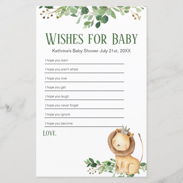 Le Prince Lion vert Floral Voeux pour bébé (Devant)