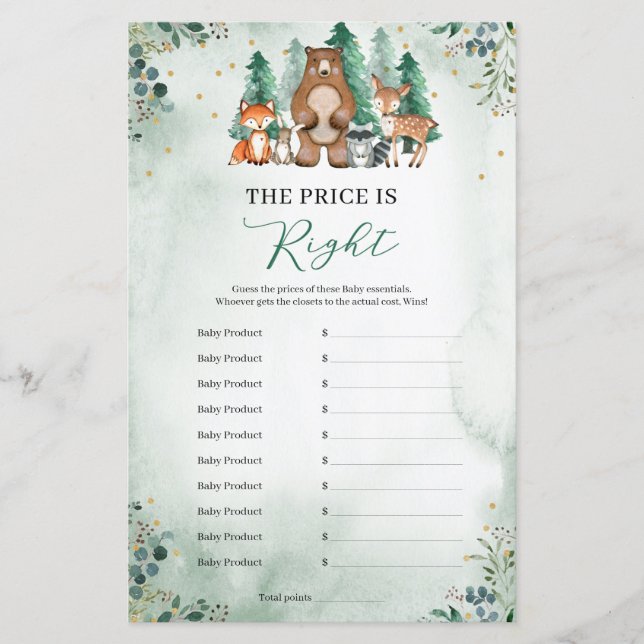 Le prix est bon jeu de Baby shower bois vert (Devant)