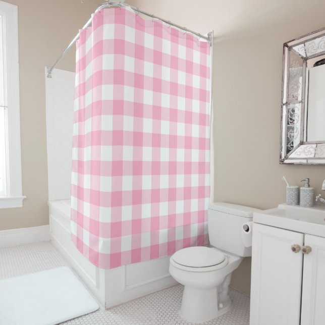 Le rideau de douche à bascule rose et blanc (En situation)