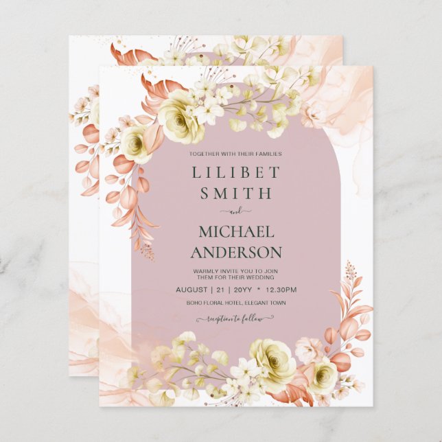 Le Rose Dusty Coral Boho mariage floral invite (Devant / Derrière)
