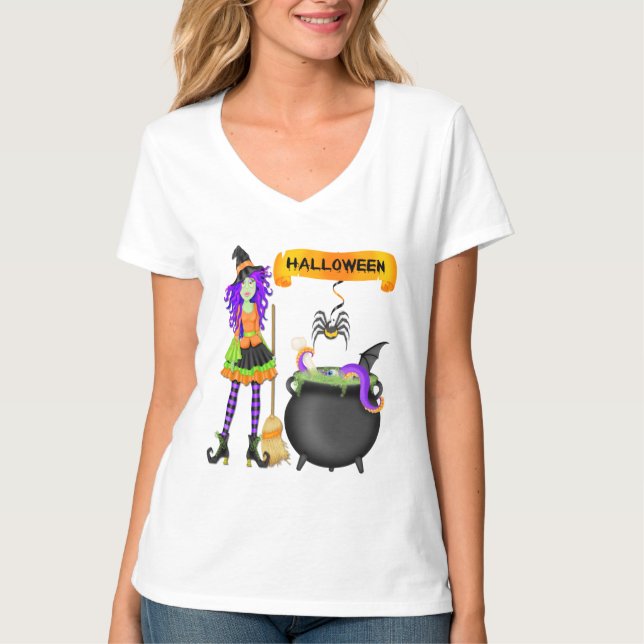 Le T-shirt de Halloween de sorcière des femmes à (Devant)