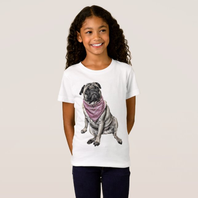 Le T-shirt de la fille de thème de chien de carlin (Devant entier)