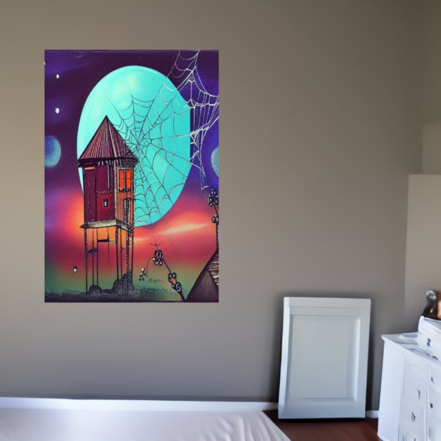 Le village et la lune bleue | AI Art Poster (Créateur téléchargé)