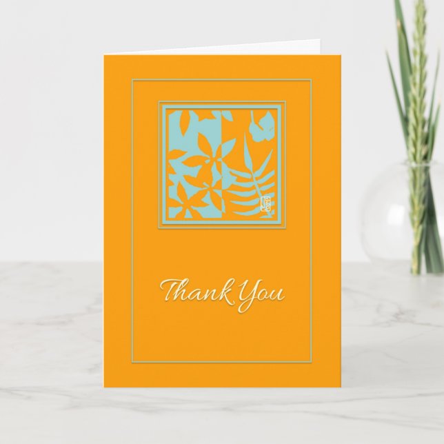 Leaf Motif Turquoise sur Orange Carte de remerciem (Devant)