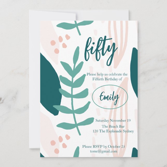 Leafy Pastel Green 50th Birthday Party Invitation (Devant)