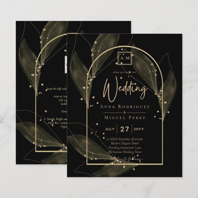 LeahG Black Gold Feuilles de mariage moderne INVIT (Devant / Derrière)