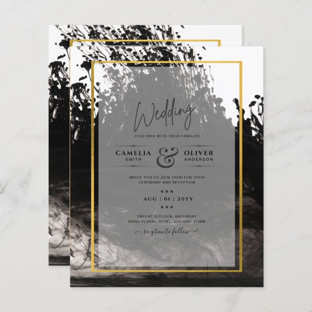 LeahG Black Gold INK Mariage Abstrait Invitation (Devant / Derrière)