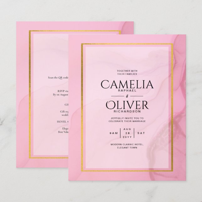 LeahG Blush Pink Gold INK Ombre Wedding INVITE (Devant / Derrière)