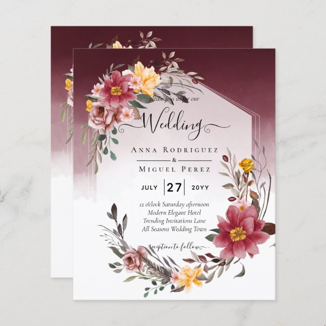 LeahG Bourgogne Jaune Mariage Floral Invitation (Devant / Derrière)