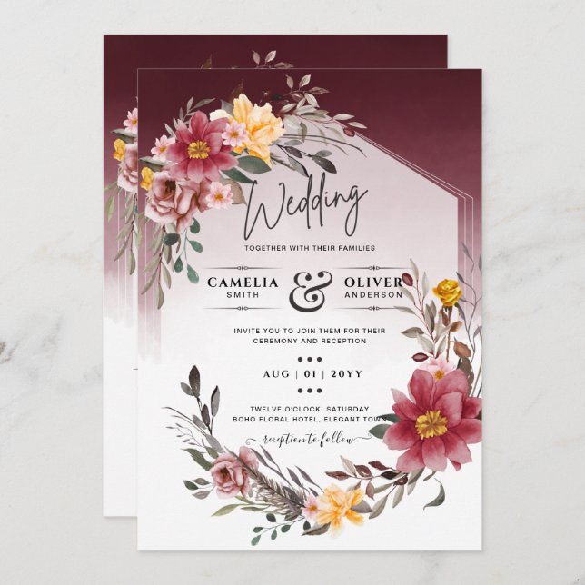 LeahG Bourgogne Jaune Mariage Floral Invitation (Devant / Derrière)