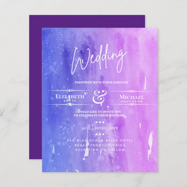 LeahG BUDGET Mariage Inviter Aquarelle violette (Devant / Derrière)