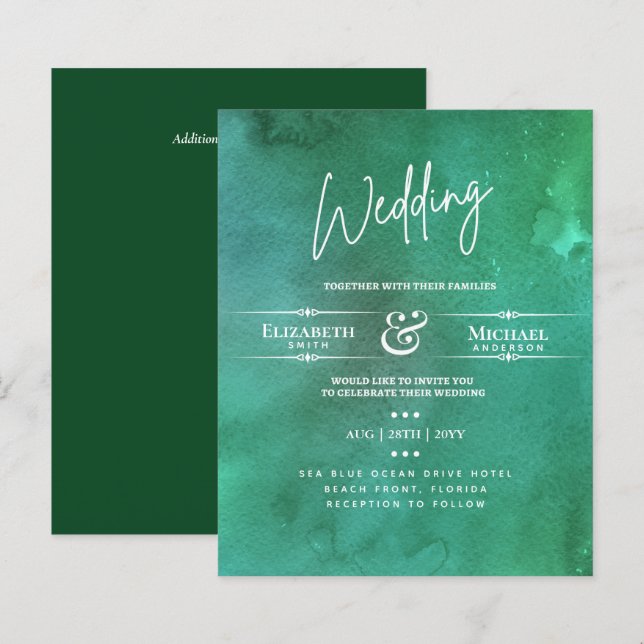 LeahG BUDGET Mariage Inviter Emerald Aquarelle (Devant / Derrière)