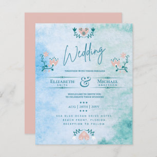 LeahG BUDGET Mariage Inviter Folk Art Peach Turquo