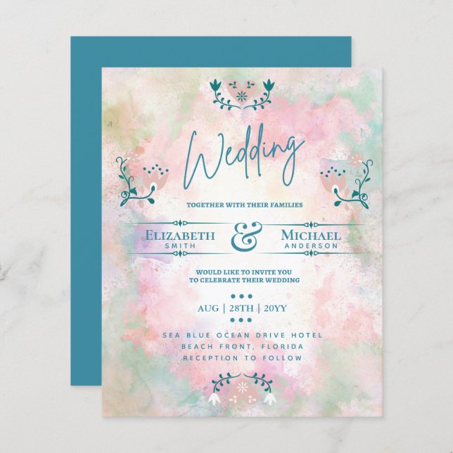 LeahG BUDGET Mariage Inviter Folk Art Turquoise ro (Devant / Derrière)