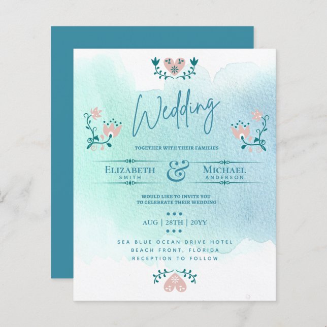LeahG BUDGET Mariage Inviter Folk Art Turquoise ro (Devant / Derrière)