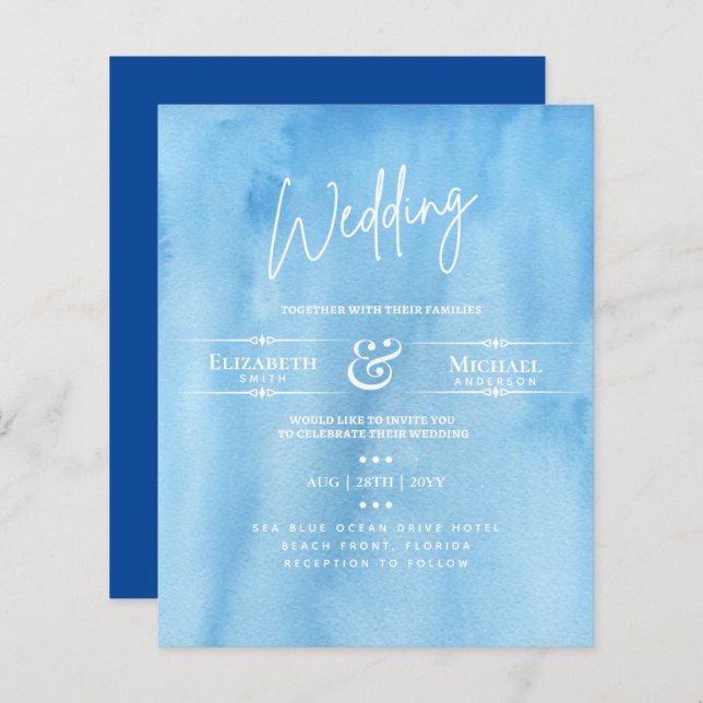LeahG BUDGET Mariage Inviter Ocean Blue Watercolor (Devant / Derrière)