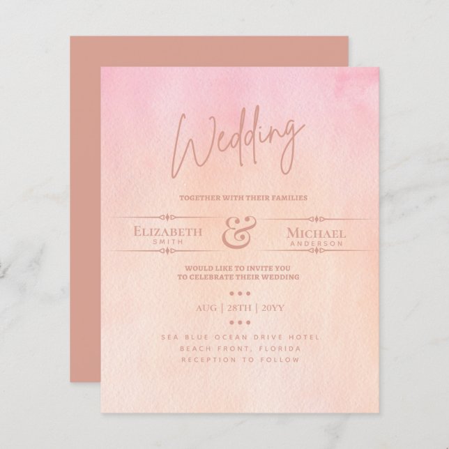 LeahG BUDGET Mariage Inviter Peach Pink Aquarelle (Devant / Derrière)