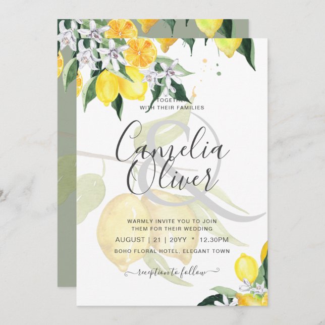 LeahG Citrus Lemons Budget Mariage Inviter Jaune (Devant / Derrière)