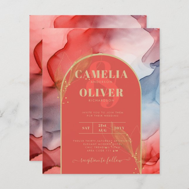 LeahG Coral Navy Blue Gold INK Wedding INVITE (Devant / Derrière)