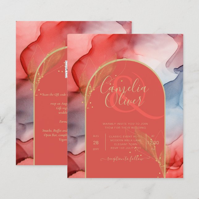 LeahG Coral Navy Blue Gold INK Wedding INVITE (Devant / Derrière)