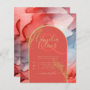 LeahG Coral Navy Blue Gold INK Wedding INVITE