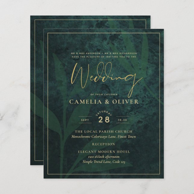 LeahG Emerald Forest Green Gold Wedding Invitation (Devant / Derrière)