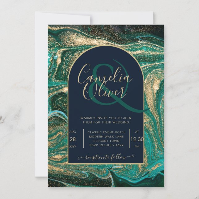 LeahG Emerald Green Gold Agate Mariage Invitation (Devant)