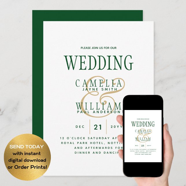 LeahG Emerald Green Gold Modern Wedding Invitation (Créateur téléchargé)