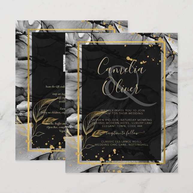 LeahG® Encre à alcool Noir Or Mariage INVITATION (Devant / Derrière)