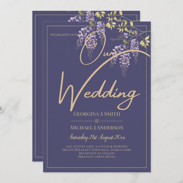 LeahG Faire-part de mariage floral WISTERIA or vio (Devant / Derrière)