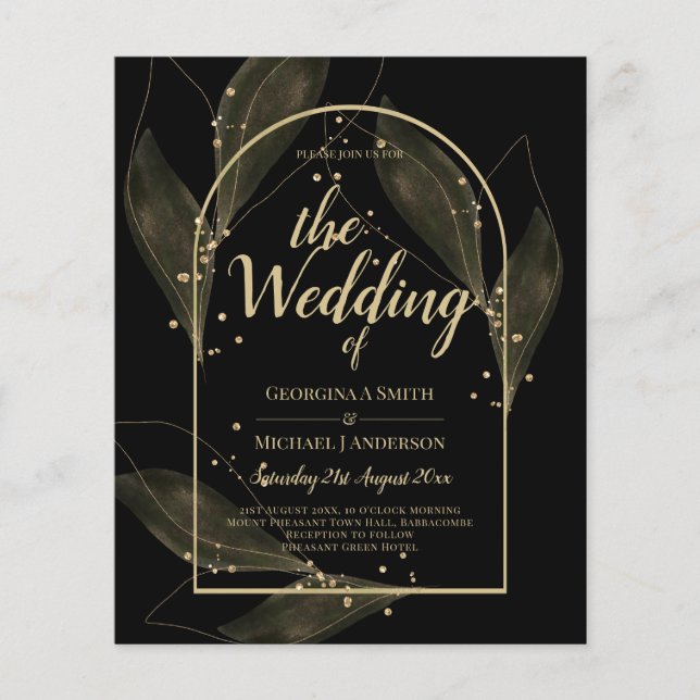 LeahG Feuilles de Or Noir Invitation de Mariage Mo (Devant)