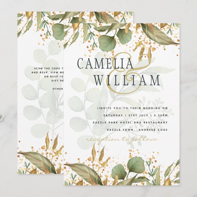 LeahG Flore Botanique Invitation de Mariage Or Dor (Devant / Derrière)
