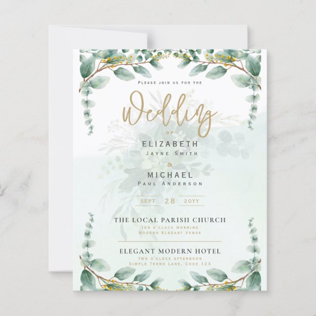 LeahG Green Eucalyptus Gold Wedding Inviter QR C (Devant)