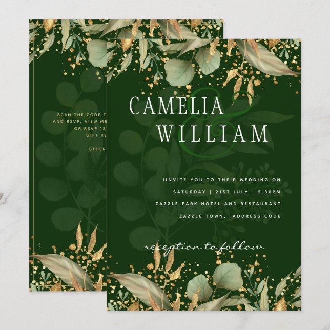 LeahG Green Feuilles Green Gold Wedding Invitation (Devant / Derrière)