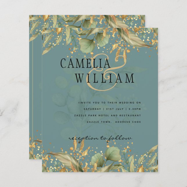 LeahG Green Feuilles Green Gold Wedding Invitation (Devant / Derrière)