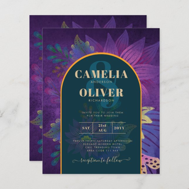 LeahG Green Purple Gold JEWEL TONES Mariage INVITE (Devant / Derrière)