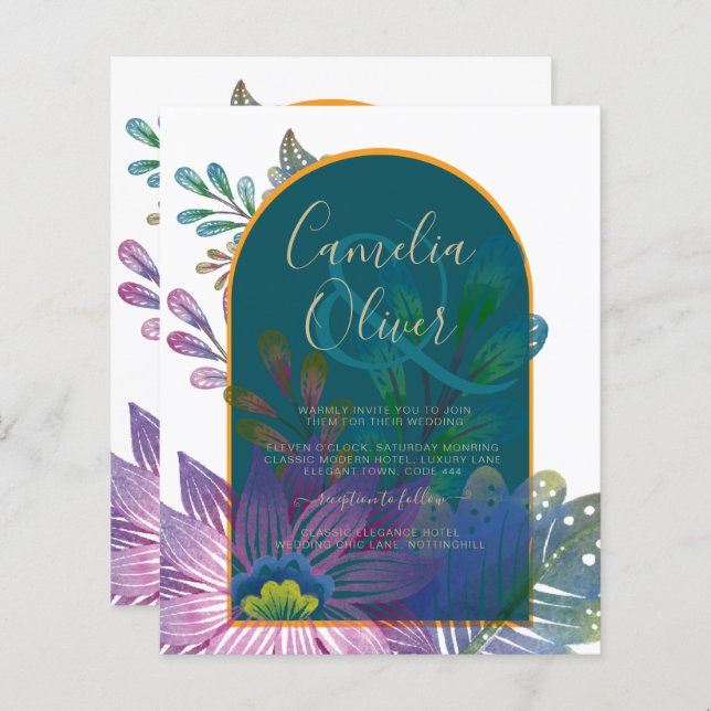 LeahG Green Purple Gold JEWEL TONES Mariage INVITE (Devant / Derrière)