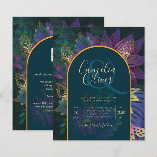 LeahG Green Purple Gold JEWEL TONES Mariage INVITE (Devant / Derrière)
