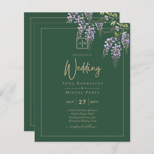 LeahG Green Purple WISTERIA Wedding INVITE (Devant / Derrière)