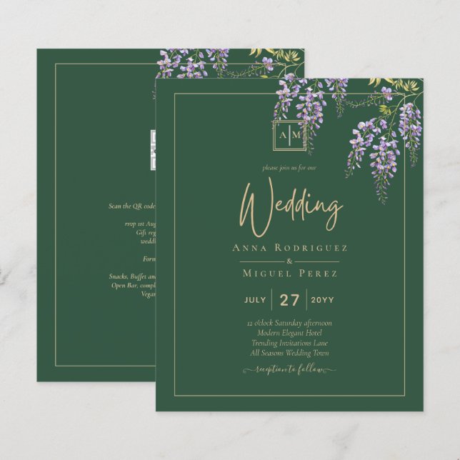 LeahG Green Purple WISTERIA Wedding INVITE (Devant / Derrière)